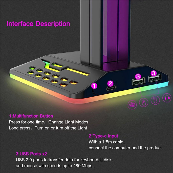 RGBD8 Dual USB Hub Headset Holder RGB Color Changing Light Gaming Headphone Display Stand - 3