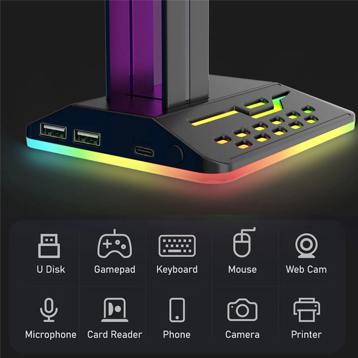 RGBD8 Dual USB Hub Headset Holder RGB Color Changing Light Gaming Headphone Display Stand - 6
