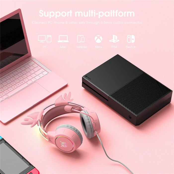 ONIKUMA X15 Pro Wired Gaming Headphones with RGB Light Antlers Design Stereo Surround Headset for Computer PC Gamer - Pink - 7