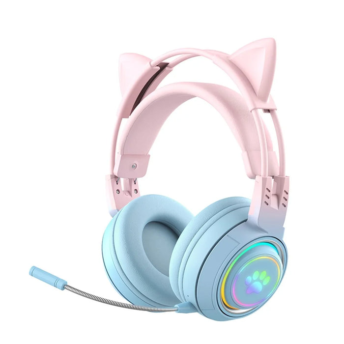 T25 Cute Cat Ears Headphones RGB Lighting Bluetooth-compatible Wireless Headset with  Detachable Mic - Blue / Pink - 1