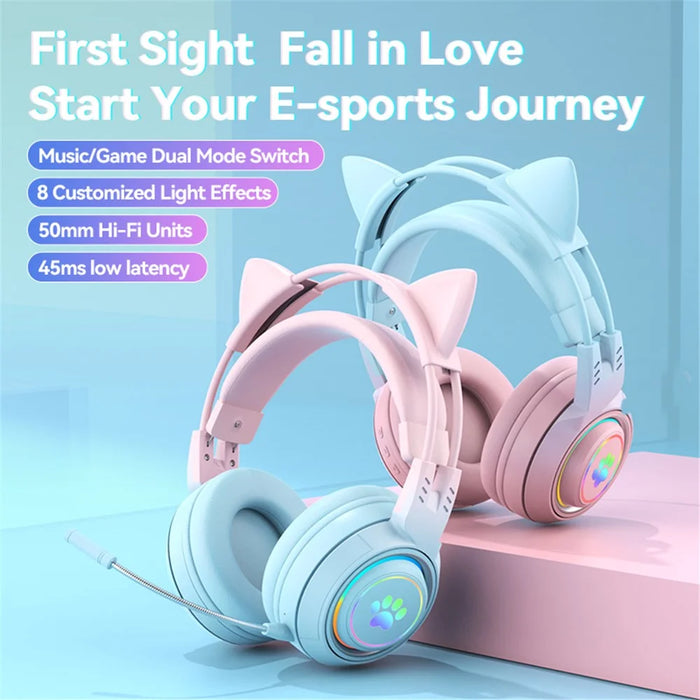 T25 Cute Cat Ears Headphones RGB Lighting Bluetooth-compatible Wireless Headset with  Detachable Mic - Blue / Pink - 2