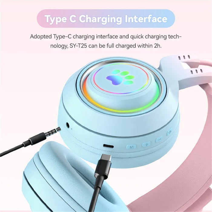 T25 Cute Cat Ears Headphones RGB Lighting Bluetooth-compatible Wireless Headset with  Detachable Mic - Blue / Pink - 6