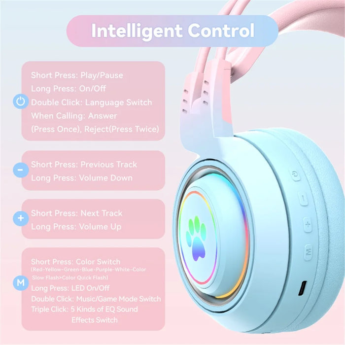 T25 Cute Cat Ears Headphones RGB Lighting Bluetooth-compatible Wireless Headset with  Detachable Mic - Blue / Pink - 7