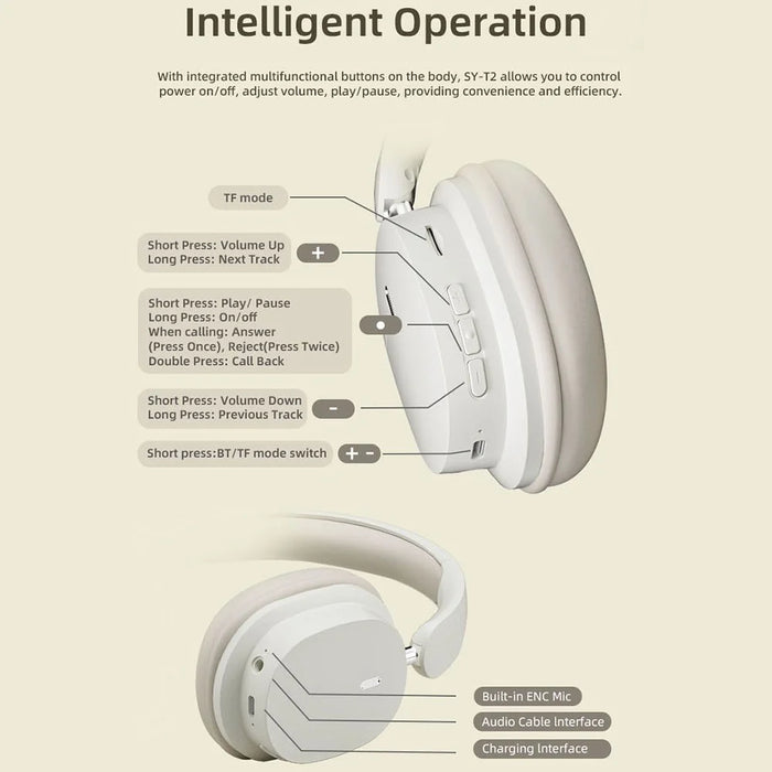 SY-T2 Wireless Over-Ear Bluetooth-compatible Headphone Foldable Headset with Built-In Noise Cancelling Microphone - Khaki - 7