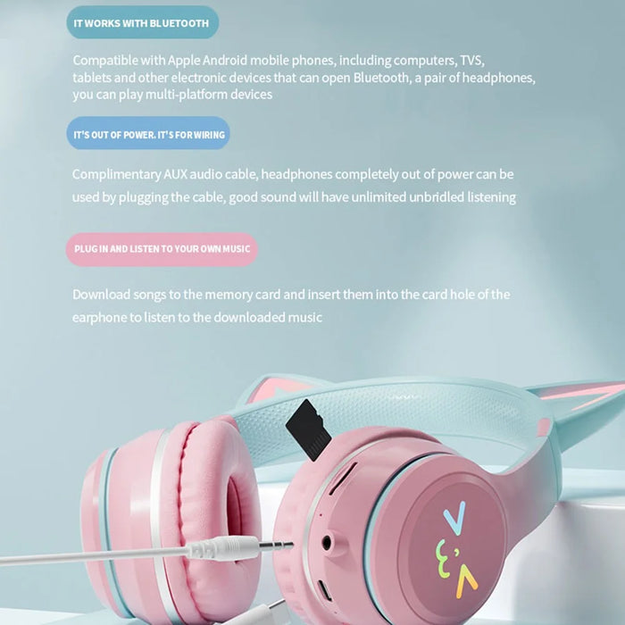 BT612 Headphones with Cat Ears Gradient Bluetooth-compatible Gaming Headset with RGB Light - Pink - 5
