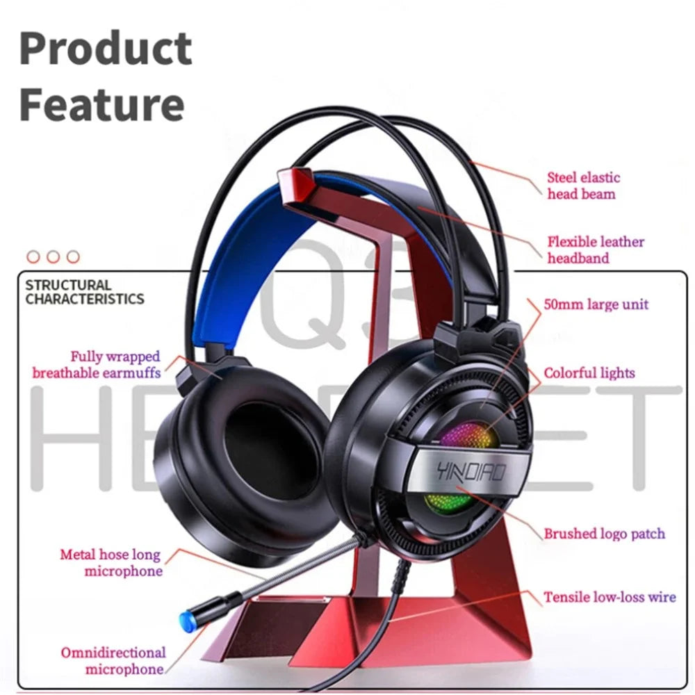 YINDIAO Q3 LED Lighting Gaming Headset E-sports USB + Dual 3.5mm AUX Wired Headphone - Black - 5