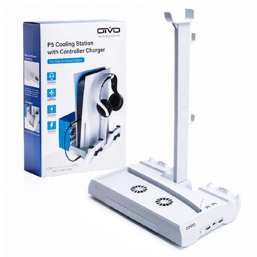 OIVO IV-P5249 Vertical Stand Cooling Station for PS5 Disc / Digital Controller Charging Dock with Game Card Headset Holder - 1