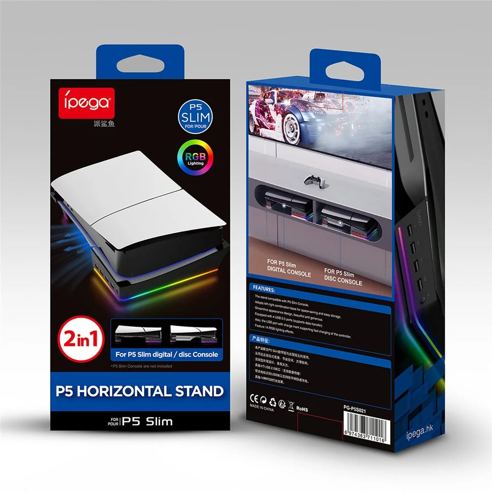 IPEGA PG-P5S021 for PS5 Slim RGB Light Horizontal Storage Base with 4 USB Ports - Black - 4
