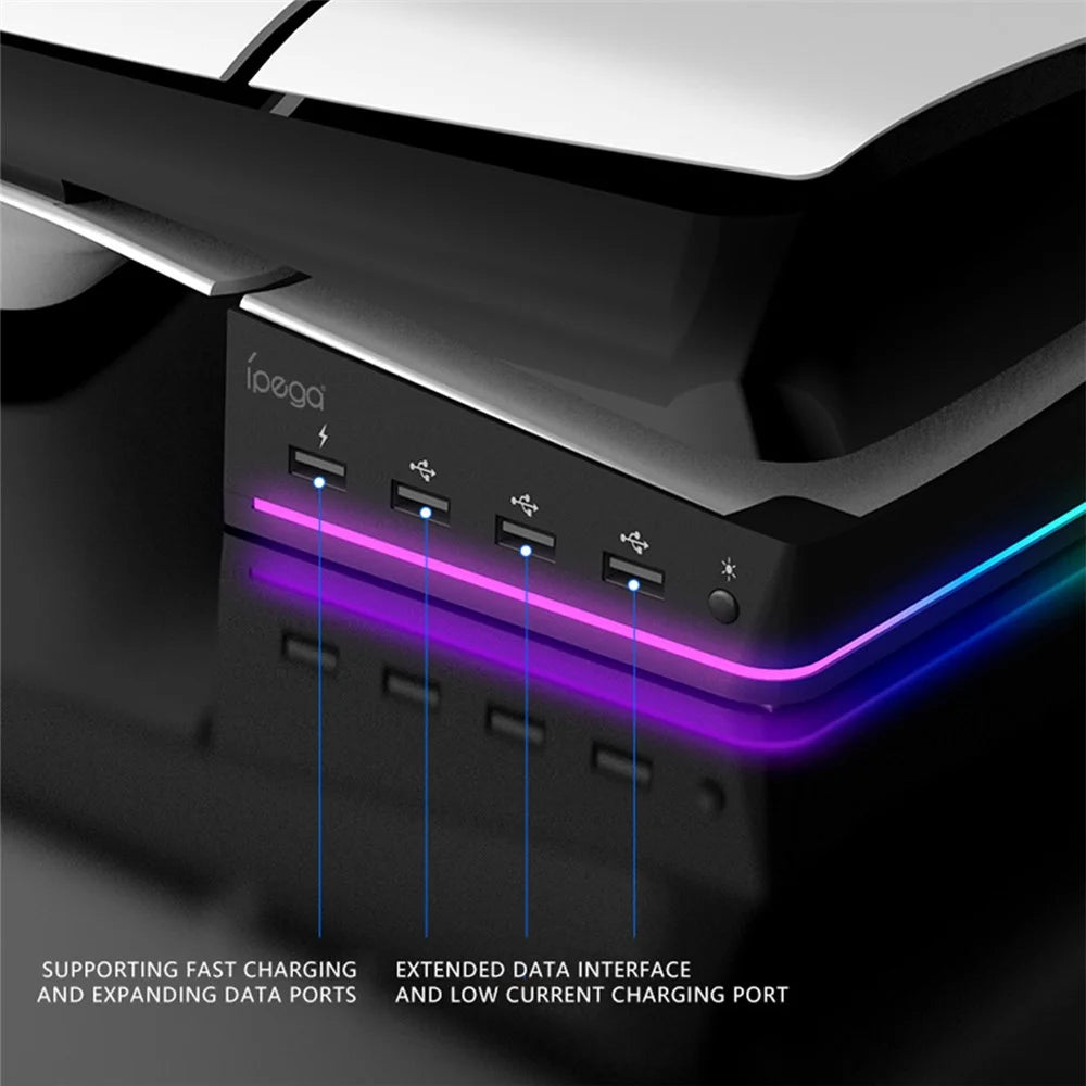 IPEGA PG-P5S021 for PS5 Slim RGB Light Horizontal Storage Base with 4 USB Ports - Black - 5