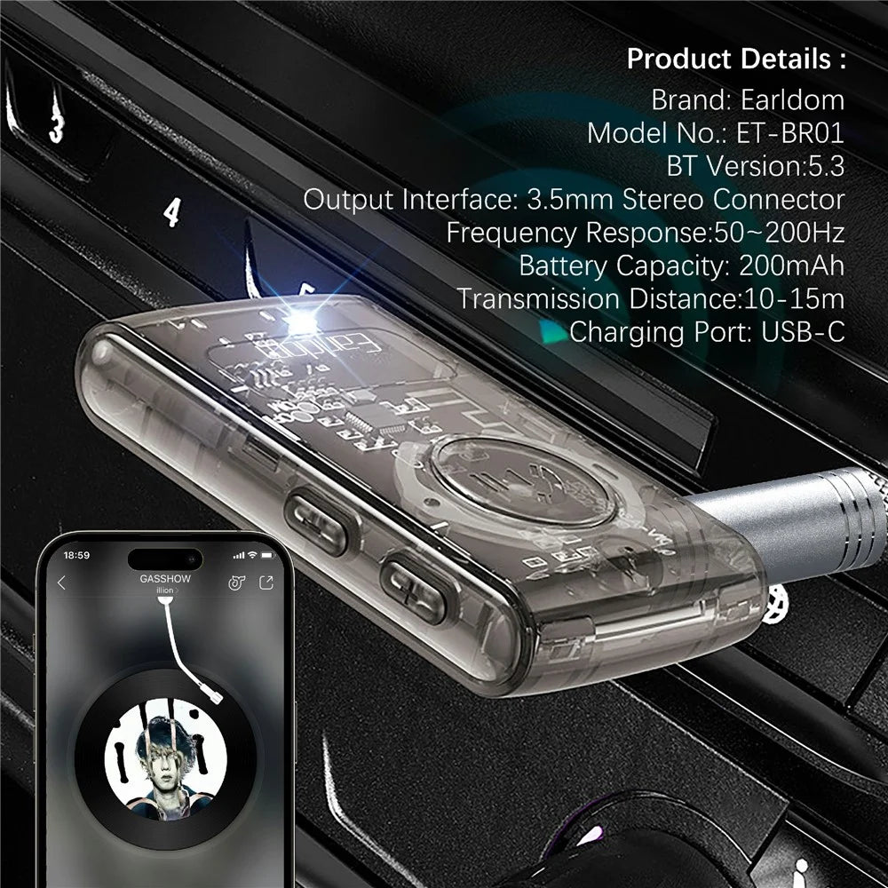 EARLDOM ET-BR01 Transparent Bluetooth-compatible 5.3 Audio Receiver Car Hand-Free Call 3.5mm AUX Adapter - 2