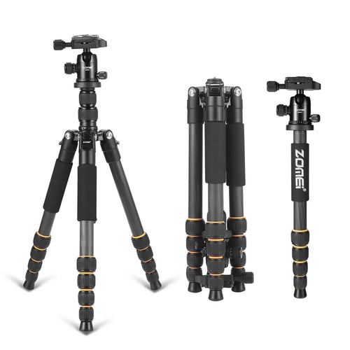 ZOMEI Q666C Folding Carbon Fiber 5-Section Portable Tripod for SLR Camera Outdoor Floor Stand, Black - 1