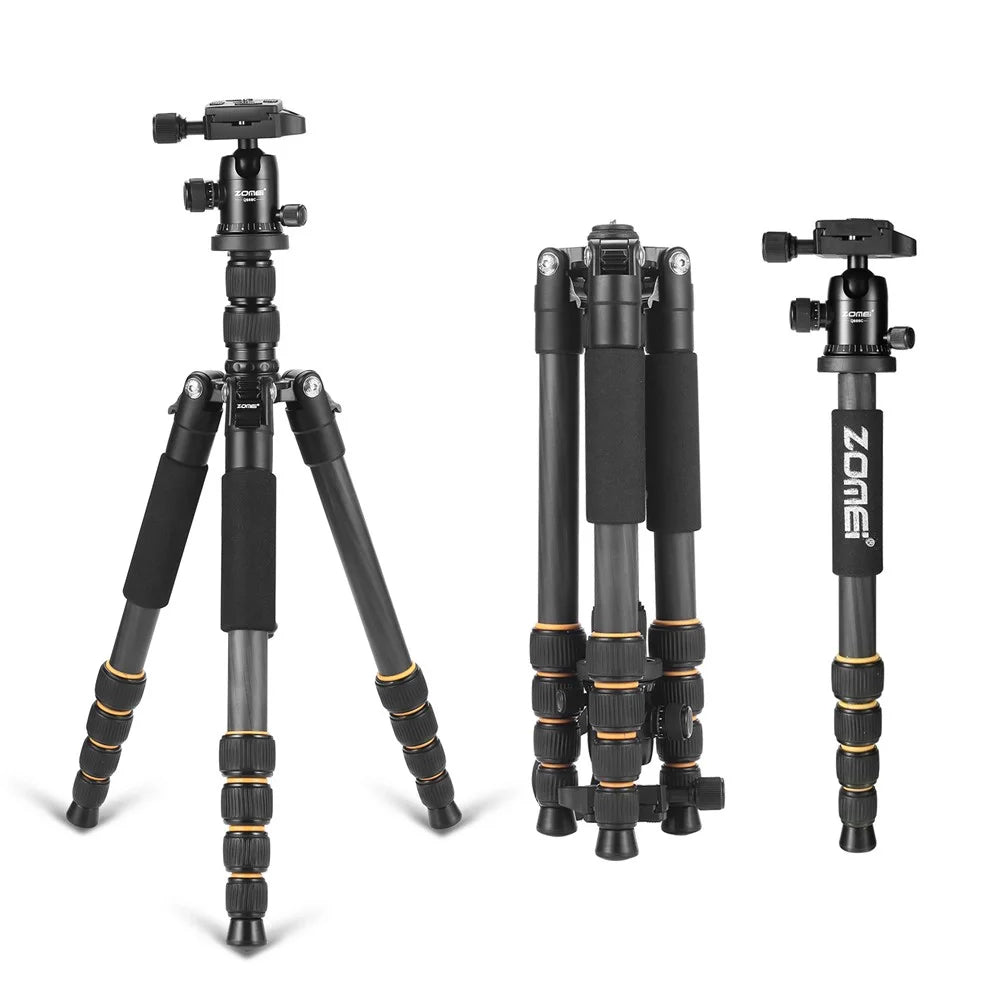 ZOMEI Q666C Folding Carbon Fiber 5-Section Portable Tripod for SLR Camera Outdoor Floor Stand, Black - 1