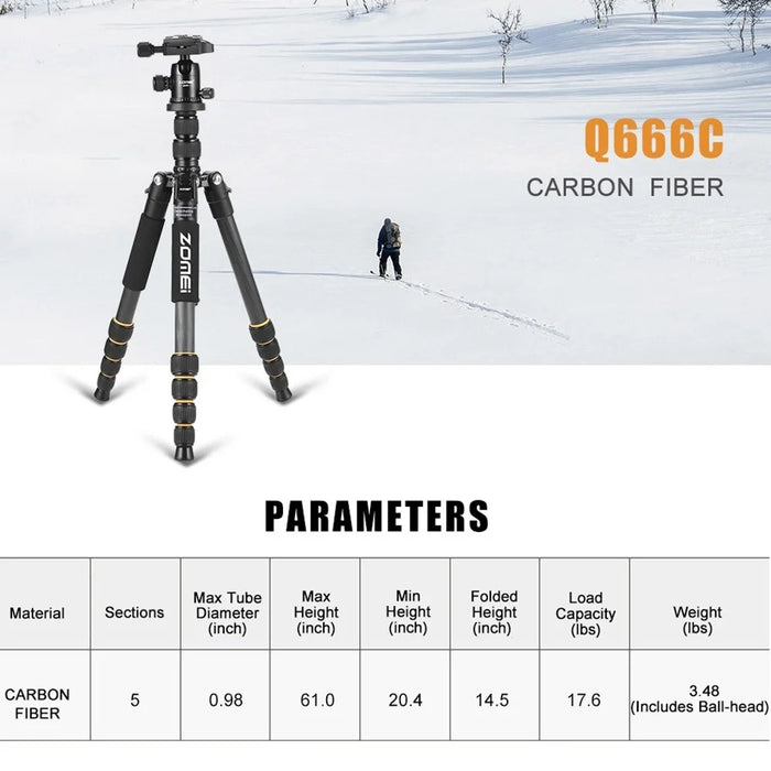 ZOMEI Q666C Folding Carbon Fiber 5-Section Portable Tripod for SLR Camera Outdoor Floor Stand, Black - 5