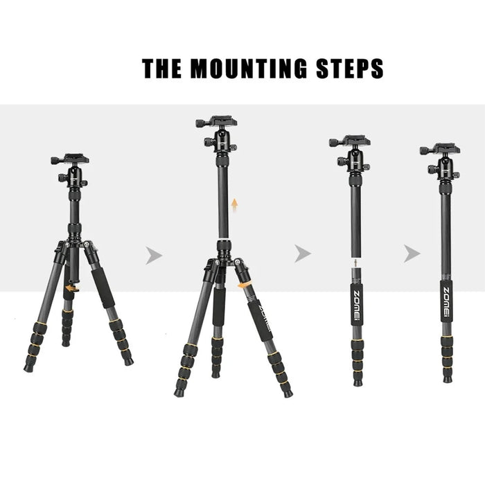 ZOMEI Q666C Folding Carbon Fiber 5-Section Portable Tripod for SLR Camera Outdoor Floor Stand, Black - 6