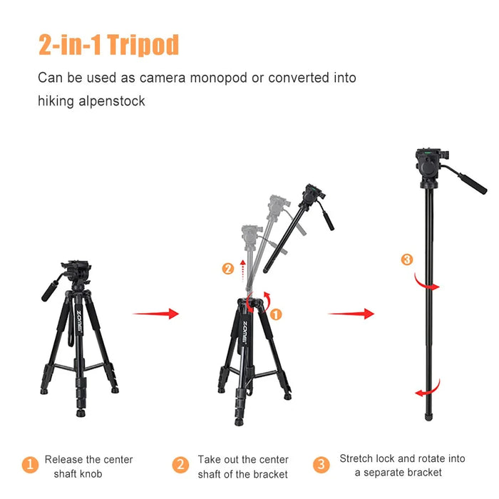 ZOMEI Q310 Photo Tripod Fluid Head Bracket 4-Section Large Size High Load-Bearing Mobile Phone Camera Universal, Black - 2