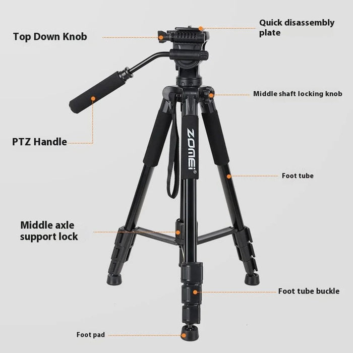 ZOMEI Q310 Photo Tripod Fluid Head Bracket 4-Section Large Size High Load-Bearing Mobile Phone Camera Universal, Black - 6