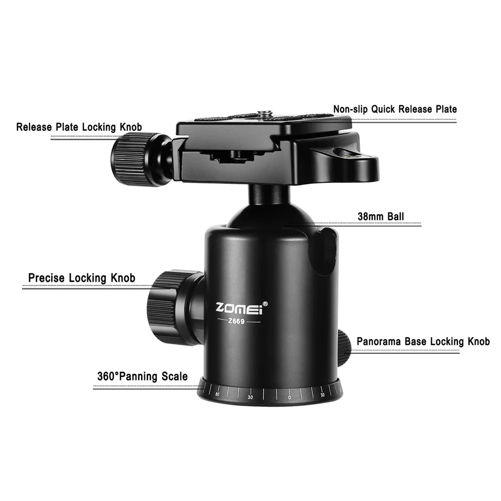ZOMEI Z669 Camera Tripod 5-Section Legs Aluminum Alloy Multi-Function Bracket Ball Head, Black - 6