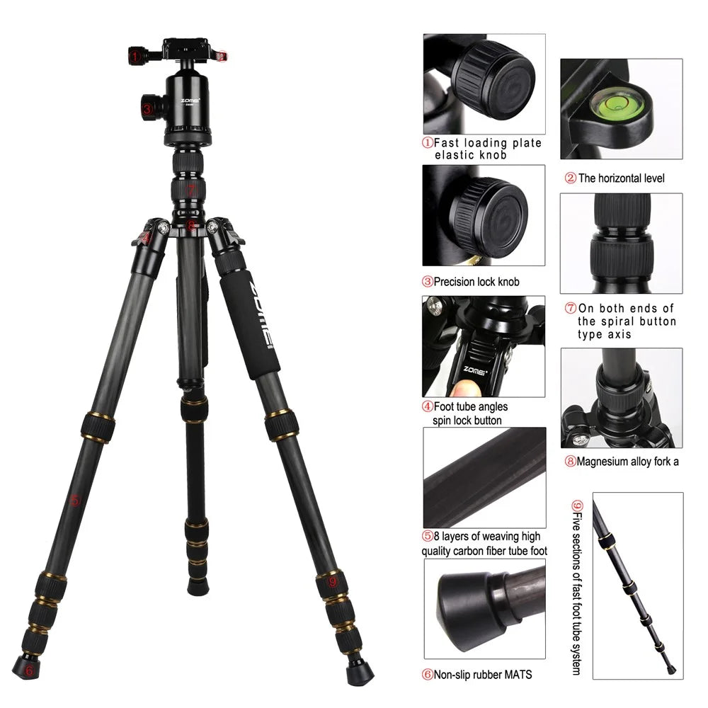 ZOMEI Z669C Photography Tripod SLR Camera Outdoor Floor 5-Section Stand Ball Head Carbon Fiber Tripod, Black - 2