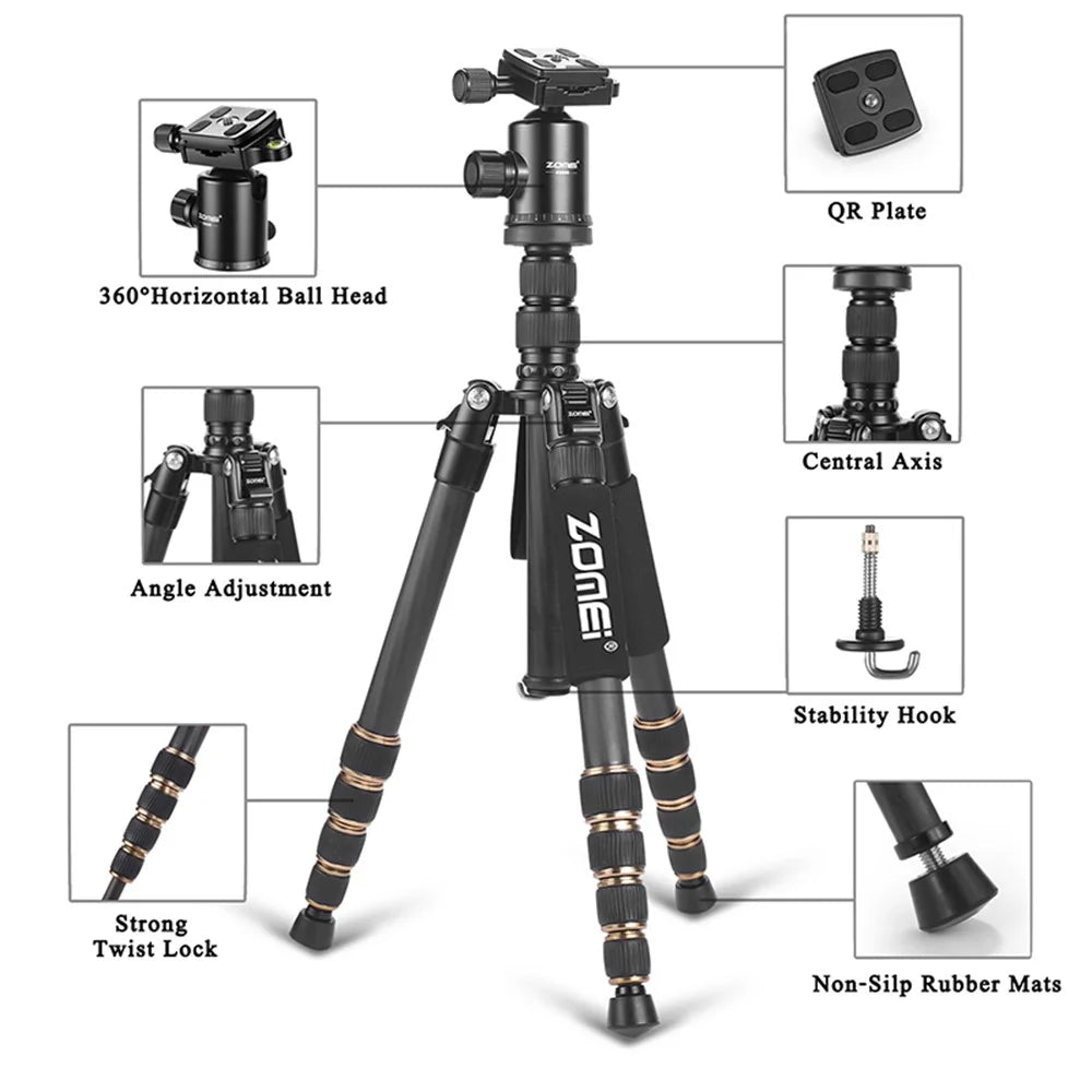 ZOMEI Z669C Photography Tripod SLR Camera Outdoor Floor 5-Section Stand Ball Head Carbon Fiber Tripod, Black - 6