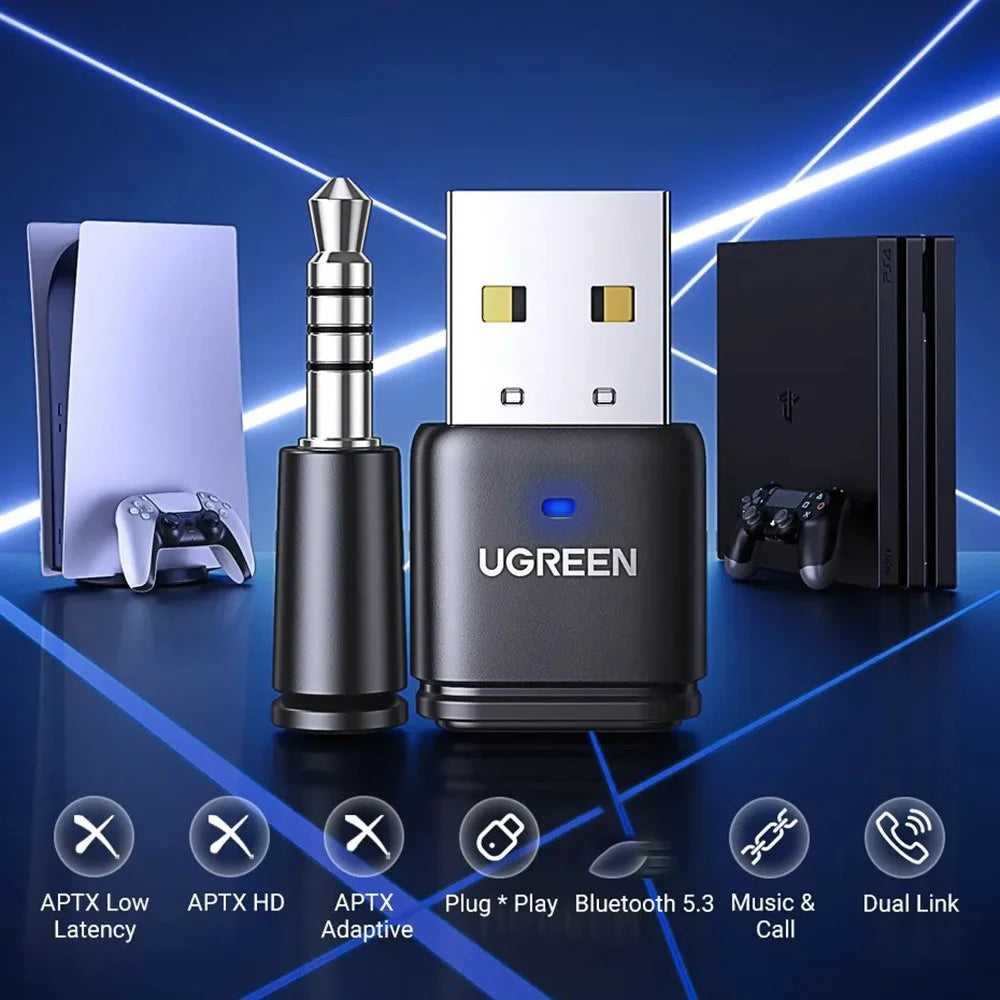 UGREEN 15765 USB Bluetooth-compatible 5.3 Adapter Aptx HD Audio Transmitter with 3.5mm Microphone - 3