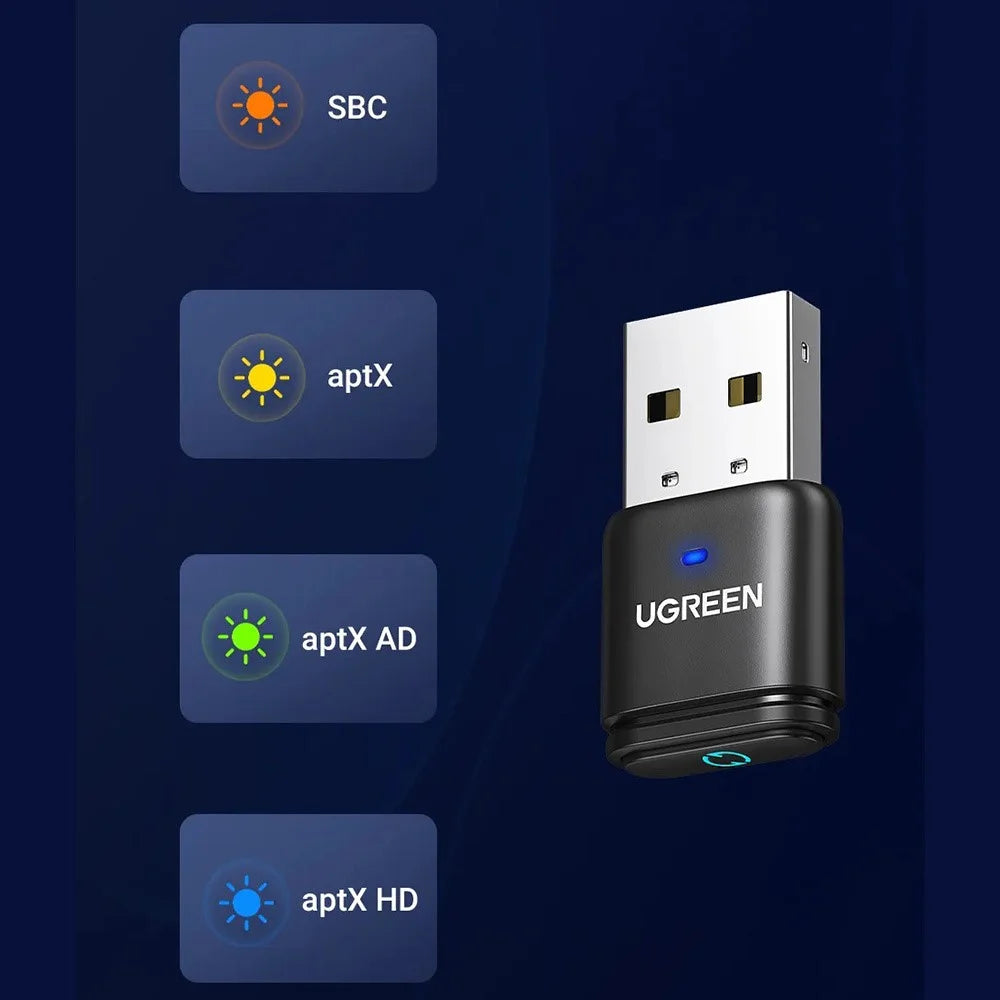 UGREEN 15765 USB Bluetooth-compatible 5.3 Adapter Aptx HD Audio Transmitter with 3.5mm Microphone - 5
