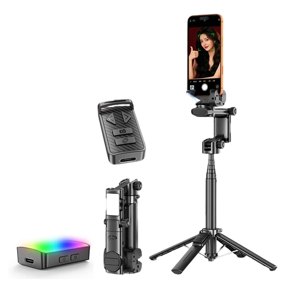 Q37 102cm Extendable AI Gimbal Stabilizer Selfie Stick RGB Beauty Light Tripod for Live Streaming - Black - 1