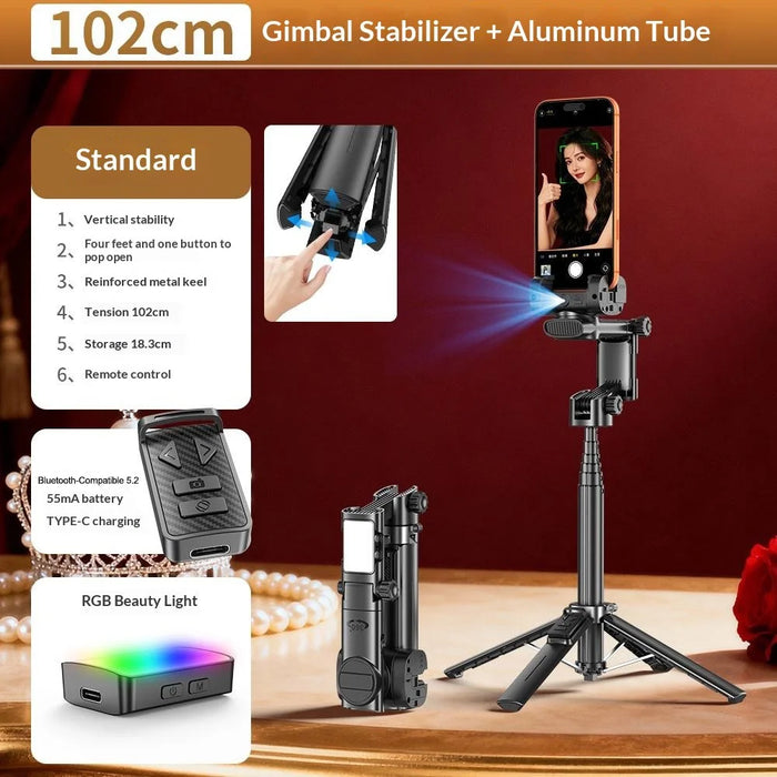Q37 102cm Extendable AI Gimbal Stabilizer Selfie Stick RGB Beauty Light Tripod for Live Streaming - Black - 2