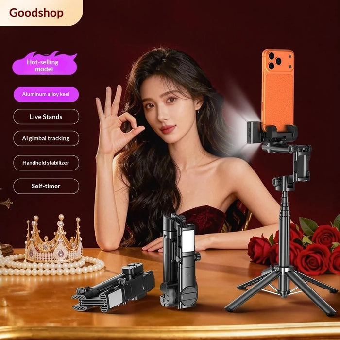 Q37 102cm Extendable AI Gimbal Stabilizer Selfie Stick RGB Beauty Light Tripod for Live Streaming - Black - 4