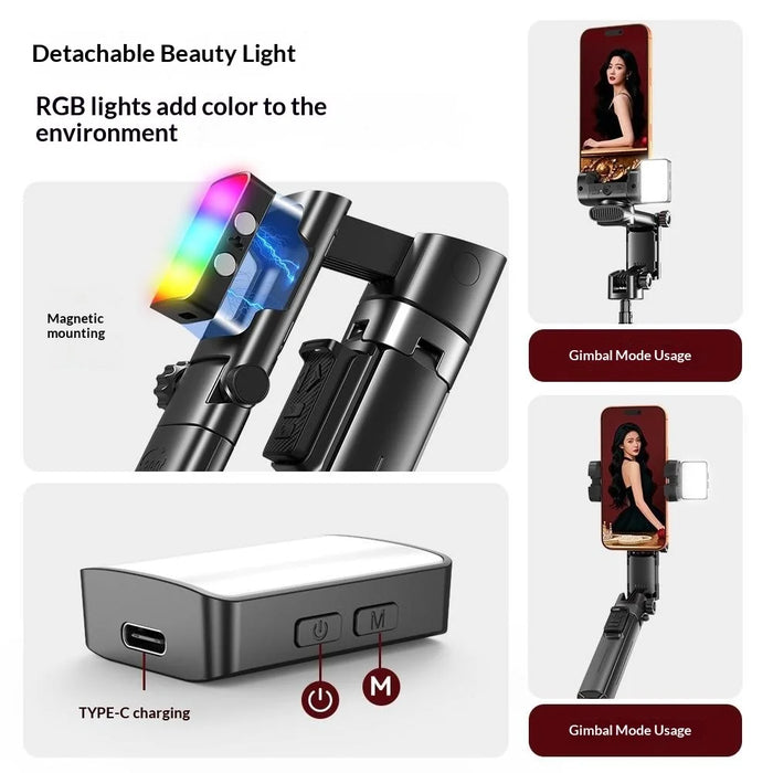 Q37 102cm Extendable AI Gimbal Stabilizer Selfie Stick RGB Beauty Light Tripod for Live Streaming - Black - 6