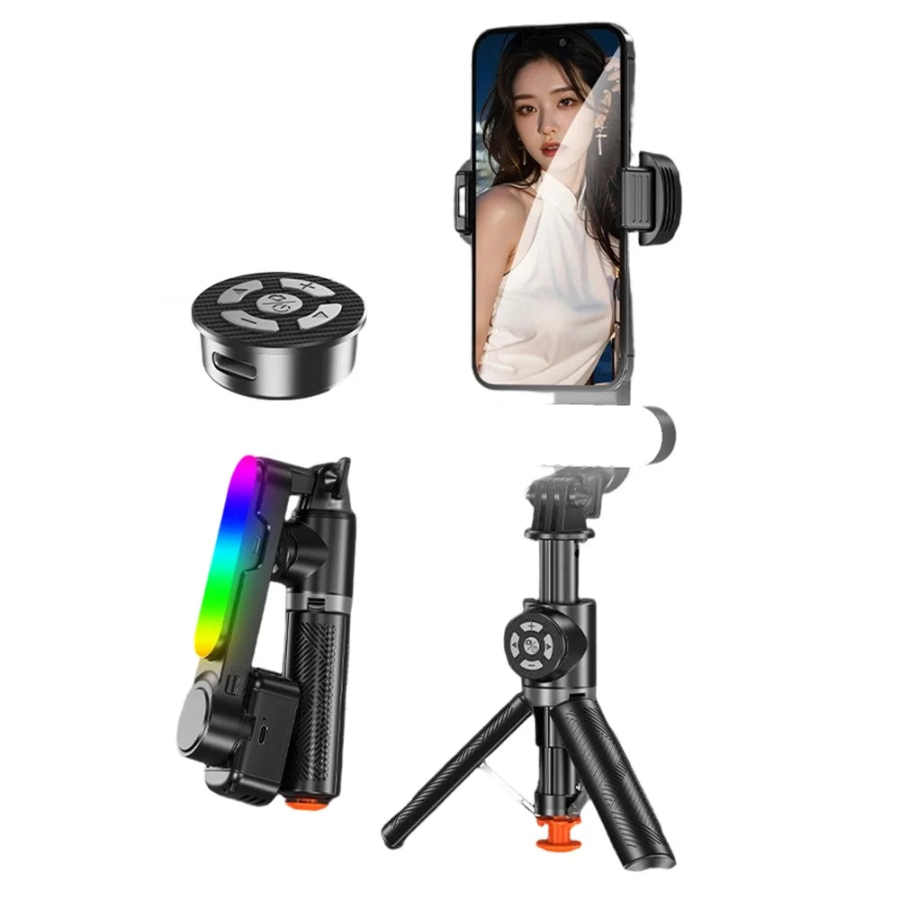 Q34 AI Anti-Shake Selfie Stick Gimbal Stabilizer RGB Beauty Light 71cm Extendable Phone Stand for Live Streaming - Black - 1