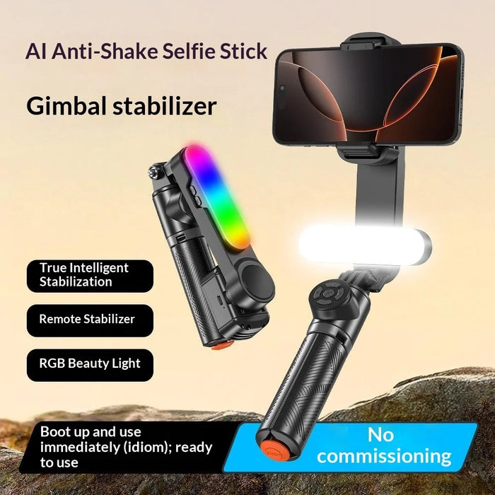 Q34 AI Anti-Shake Selfie Stick Gimbal Stabilizer RGB Beauty Light 71cm Extendable Phone Stand for Live Streaming - Black - 4