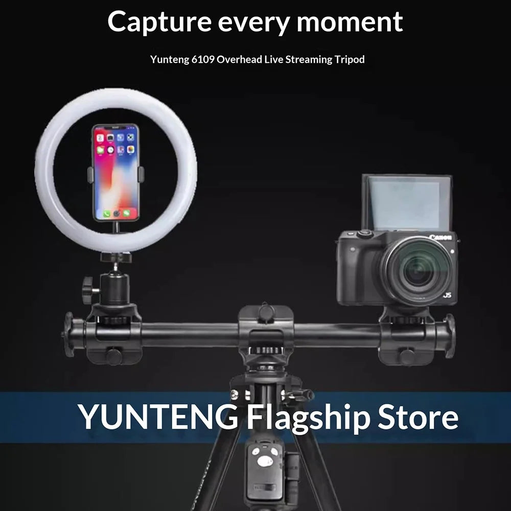 YUNTENG VCT-6109 Tripod Overhead Live Streaming 3-in-1 Kit Horizontal Arm Bluetooth-compatible Remote Control Phone Holder Set for Camera DSLR Mirrorless Smartphone - 2