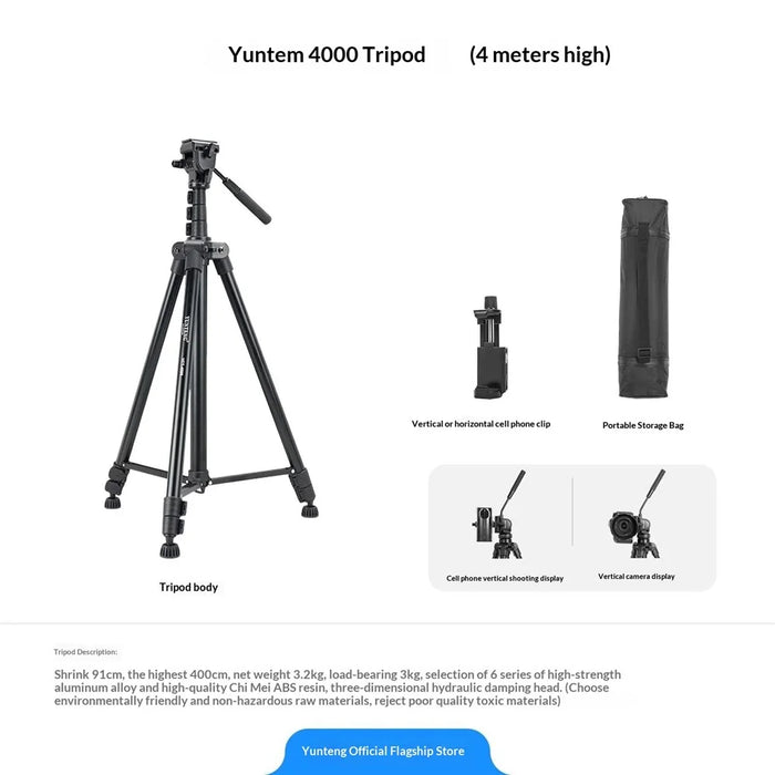 YUNTENG VCT-4000 400cm Extended Professional Camera Tripod Overhead Shooring Hydraulic Damping Head Tripod Stand for DSLR Phone Video - 3
