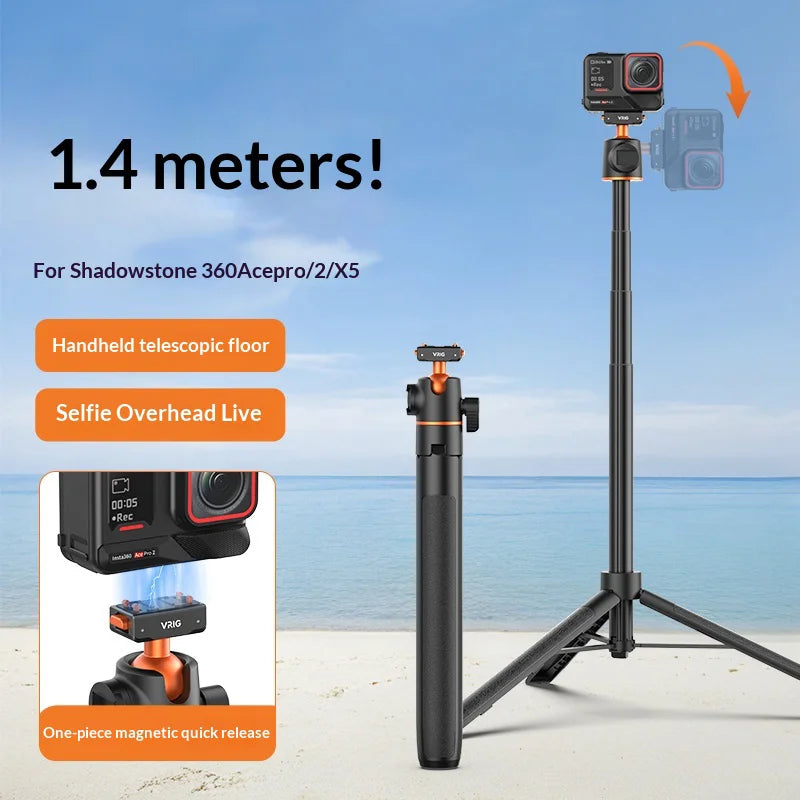 VRIG AC-104 1.4m Telescopic Selfie Stick for Insta360 X5/Ace Pro 2/Ace Pro Magnetic Quick Release Ball Head Tripod - A0324-AC/104 - 2