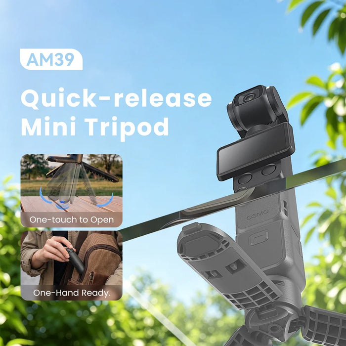 AMAGISN One-Touch Open Mini Tripod Stand with 1/4 Inch Thread Mount for Insta360/DJI/GoPro Camera - Black - 2