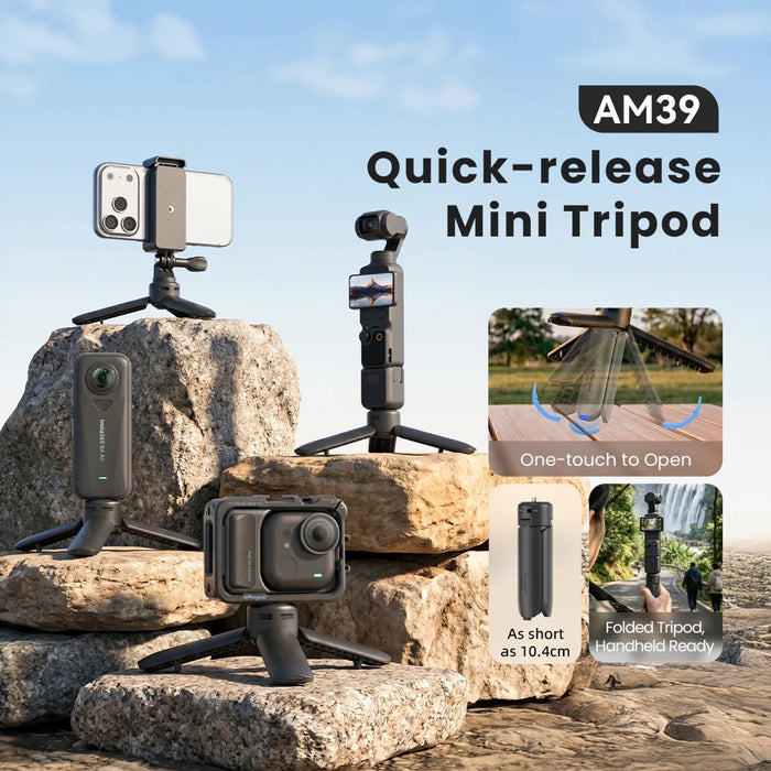 AMAGISN One-Touch Open Mini Tripod Stand with 1/4 Inch Thread Mount for Insta360/DJI/GoPro Camera - Black - 3