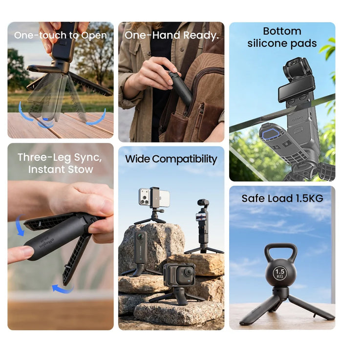 AMAGISN One-Touch Open Mini Tripod Stand with 1/4 Inch Thread Mount for Insta360/DJI/GoPro Camera - Black - 7