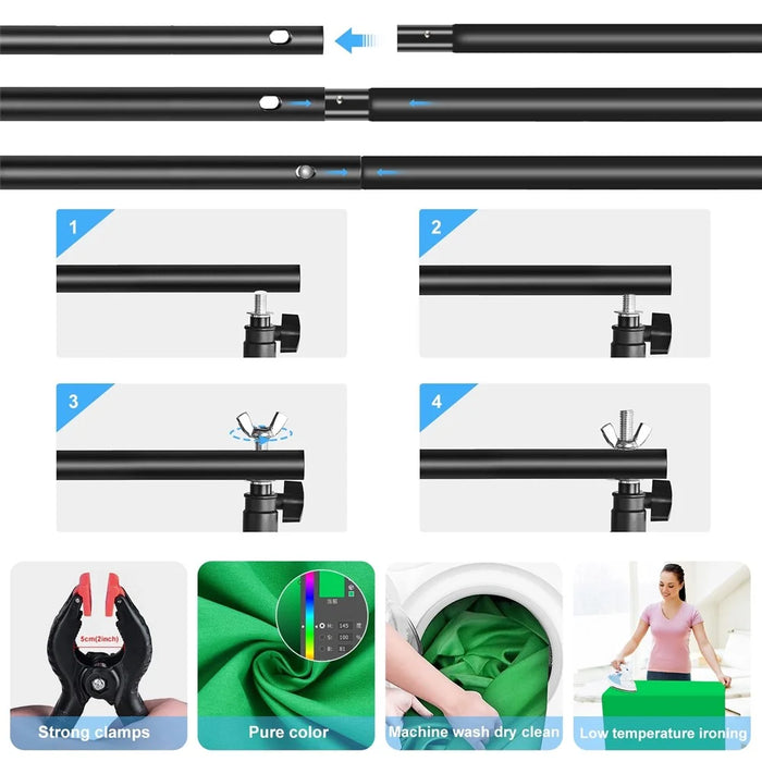 PULUZ PKT5205 Photo Studio 2x2.9m Photography Background Support Stand Backdrop Crossbar Bracket Kit with Red/Blue/Green Backdrops - 2