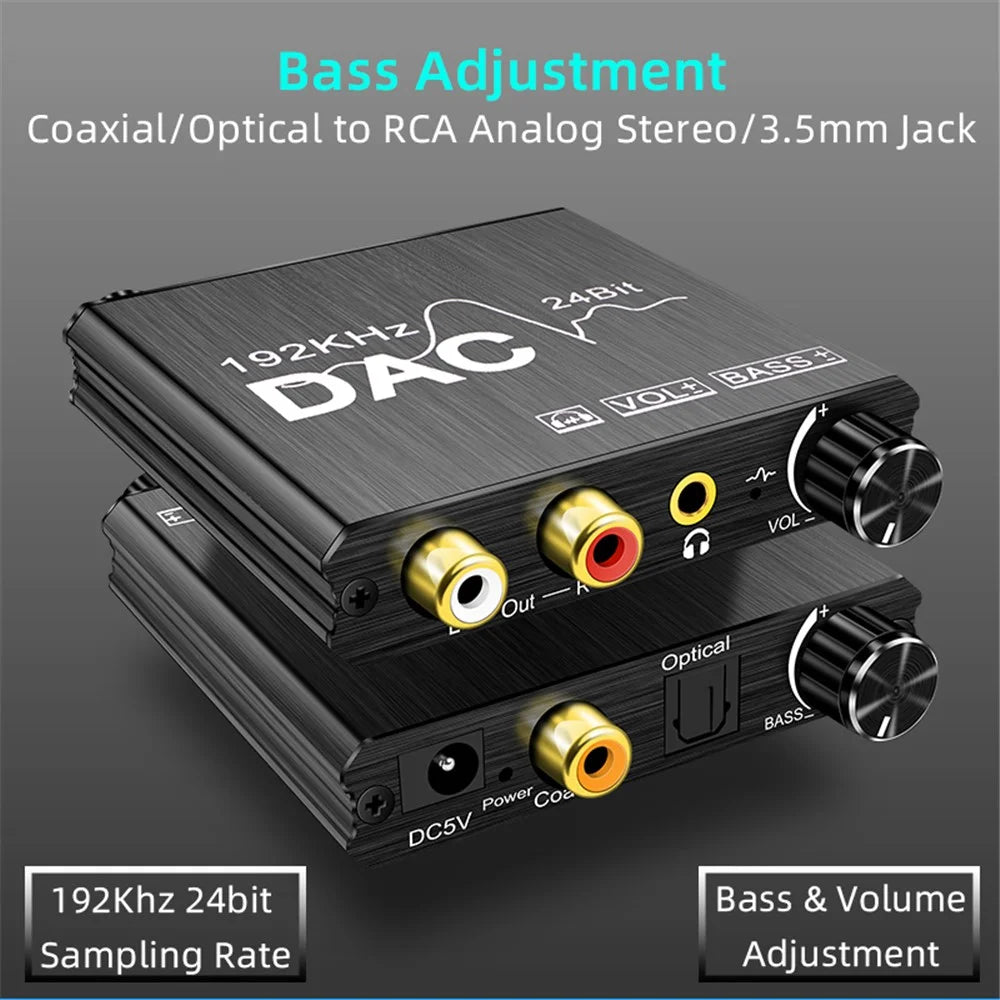 24Bit Digital to Analog Converter 192kHz DAC Bass Volume Control Coaxial SPDIF Toslink to Analog Stereo L/R RCA 3.5mm Jack Audio Adapter - 2