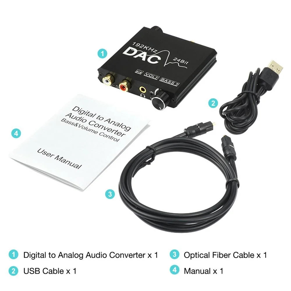 24Bit Digital to Analog Converter 192kHz DAC Bass Volume Control Coaxial SPDIF Toslink to Analog Stereo L/R RCA 3.5mm Jack Audio Adapter - 7
