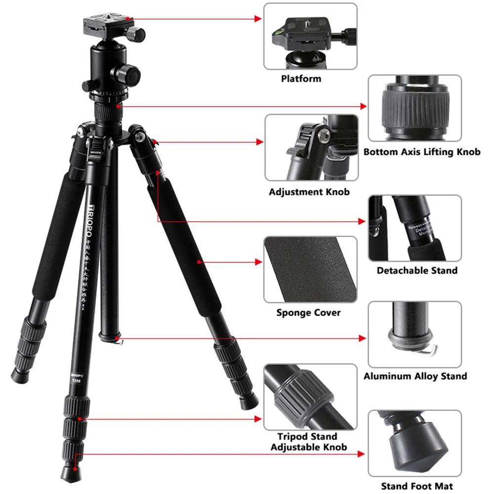 TRIOPO M2508+D-2A Portable Travel Adjustable Aluminium Camera Tripod Accessories Stand with Pan Tilt Head - 2