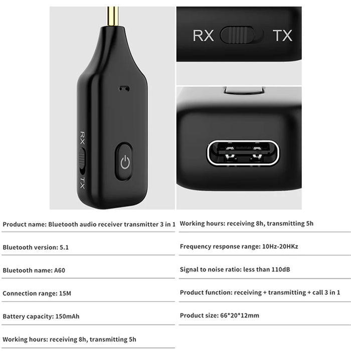 A60 3-in-1 Bluetooth-compatible 5.1 Audio Receiver Transmitter Calling 3.5mm Aux Stereo Music Wireless Adapter - 7