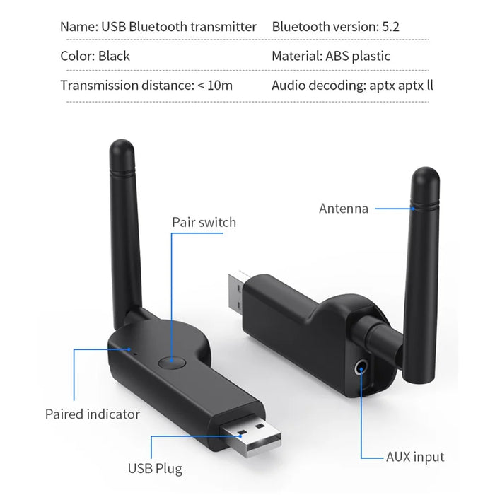 TX19 Bluetooth-compatible 5.2 Audio Transmitter USB Adapter with External Antenna for PC TV CD Player - 5