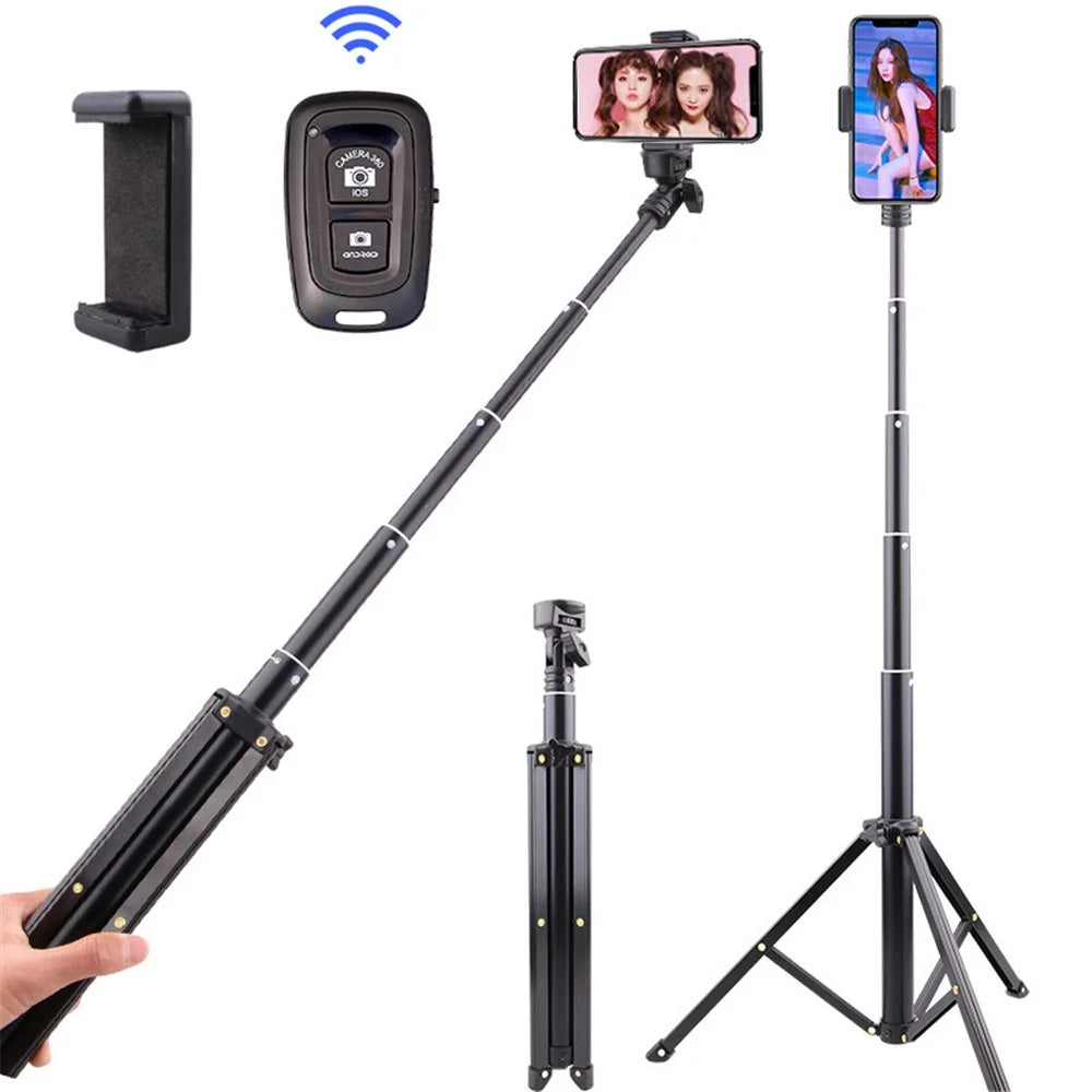 T9 5-Section 140cm Telescopic Selfie Stick Phone Holder Live Streaming Tripod Stand with Phone Clip + Bluetooth-compatible Remote Control + Storage Bag - 1