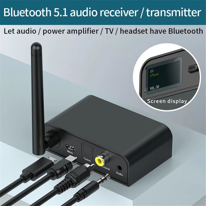 BT07 Smart Bluetooth-compatible 5.1 Adapter Coaxial Fiber AUX Receiver Transmitter Upgrade Audio Amplifier Button with Screen Display - 2