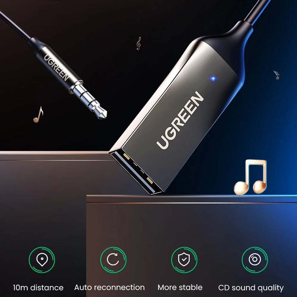 UGREEN Car Bluetooth-compatible 5.0 Adapter USB to 3.5mm Aux Audio Music Wireless Receiver Hands-free Adapter - 2