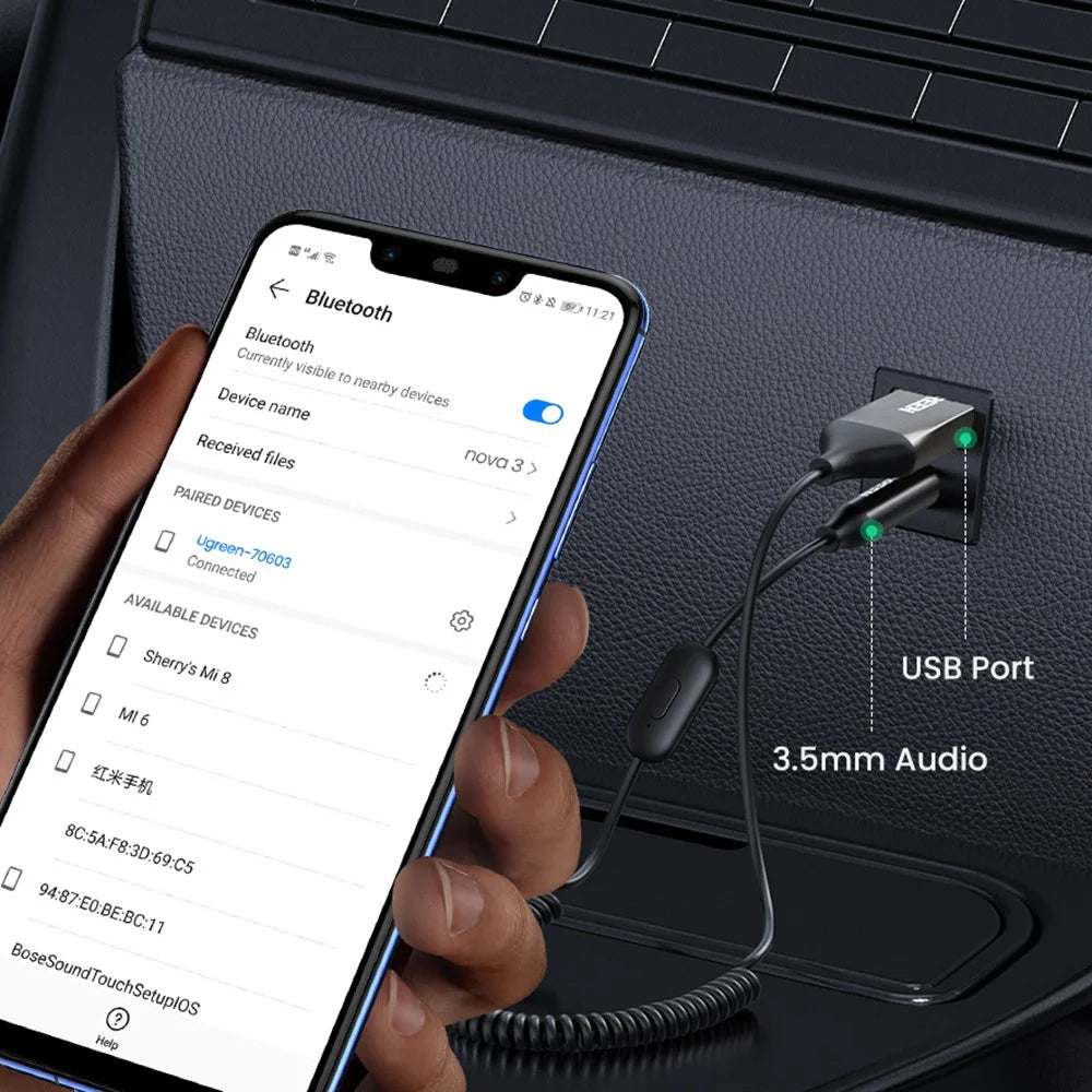 UGREEN Car Bluetooth-compatible 5.0 AUX Adapter Audio Receiver USB to 3.5mm Hands Free Kit Support TF Card - 4