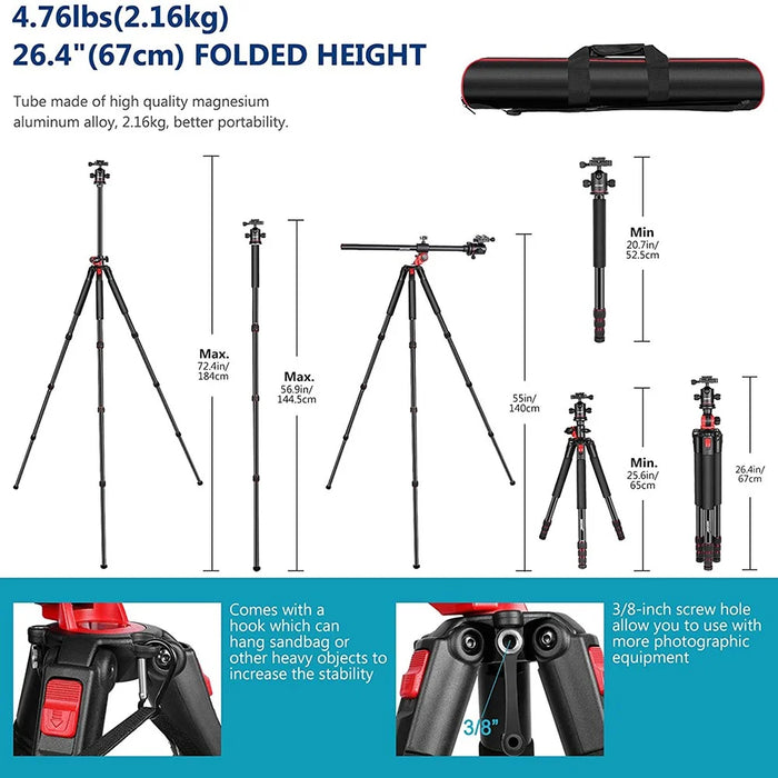 NEEWER N284 184cm Camera Tripod Monopod with Center Column and Ball Head, Max Load: 33lb - 7