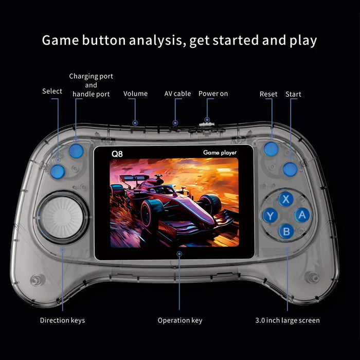 Q8 Kid's Retro Handheld Game Console Built-In 800 Games - Transparent Grey - 7