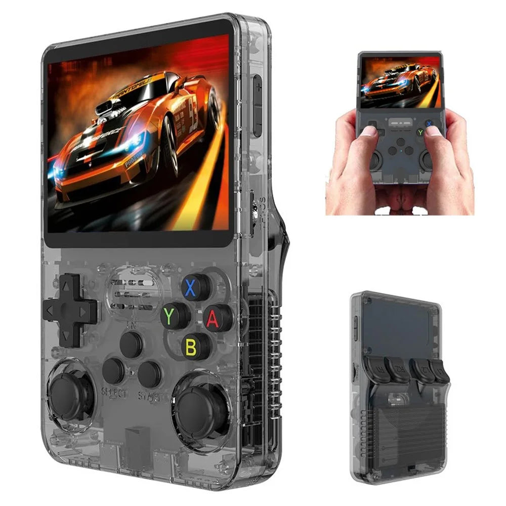 R36s 3.5 inch IPS Screen Handheld Retro Game Console with 64G TF Card - Transparent Black - 2